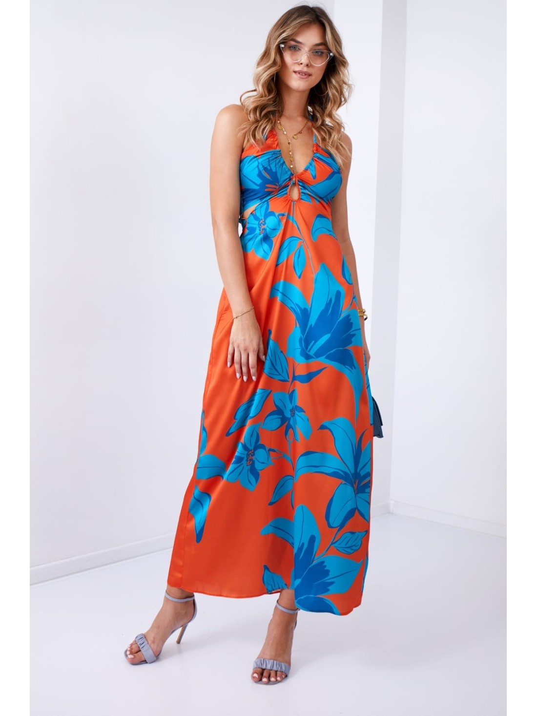 Maxi dress with cutouts and tied neckline, orange 110620 - Online store - Boutique